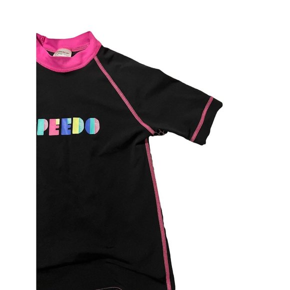 Speedo Girls Logo Short Sleeves Sun Top Black Pink Diamond Rashie Swim Sz 10 - Picture 3 of 9